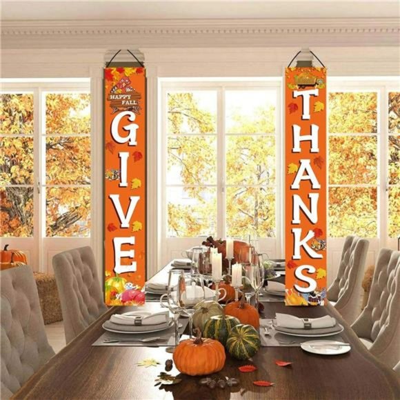 GIVE THANKS Hanging Banner Autumn Pumpkin Maple Leaf Fall Harvest 72"x12" - Picture 6 of 6